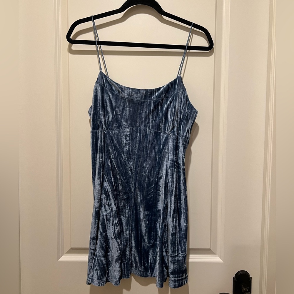 Blue Teal Crushed Velvet Velour Fit and Flare Mini Dress Sleeveless
